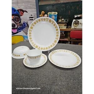 Vintage Corelle By Corning Dinnerware 5 Piece Set White Gold Butterfly Pattern